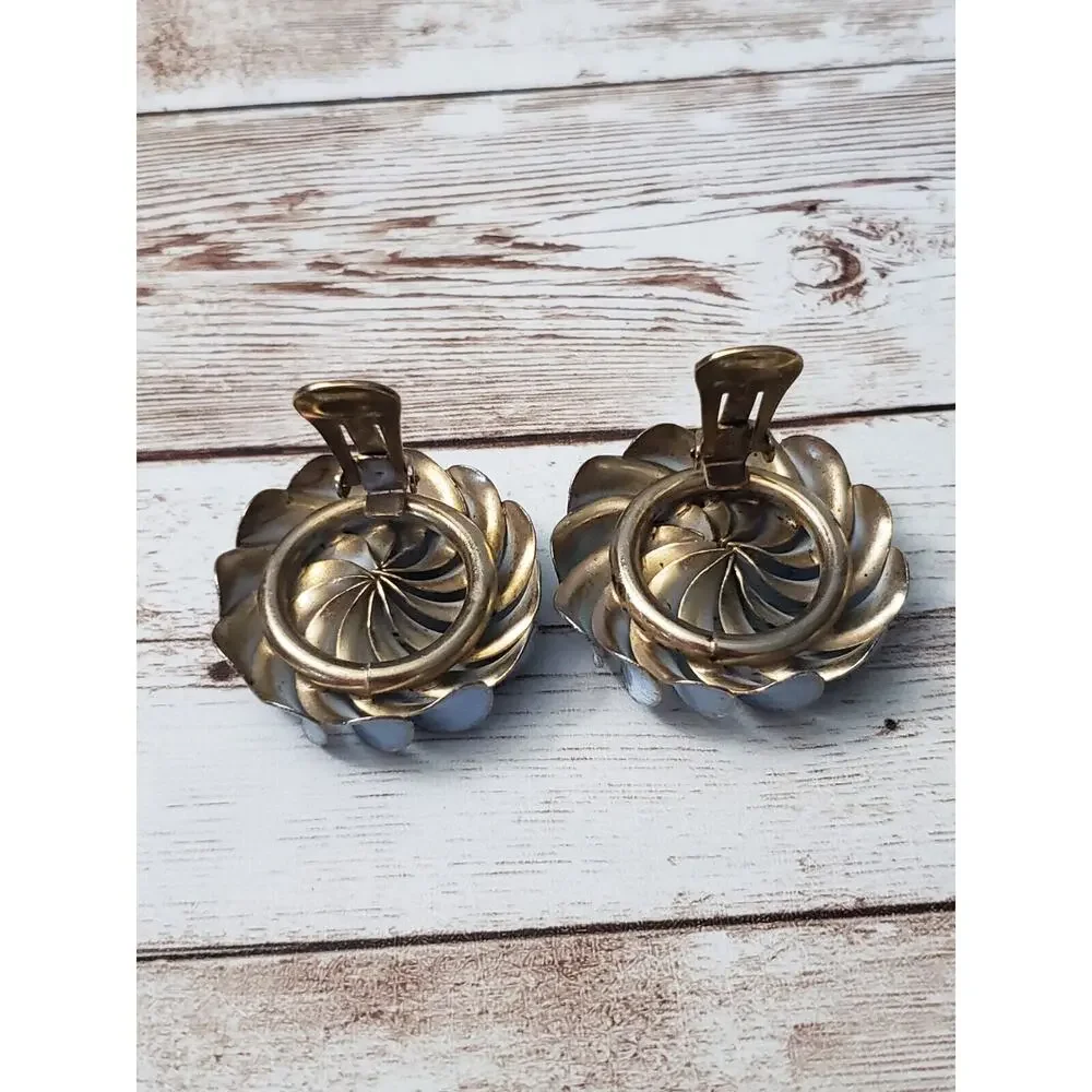 Vintage Clip On Earrings - Large Light Blue Metal Statement Earrings 1 & 3/8
